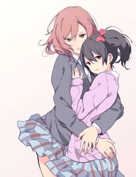 Rule 34 | 10s, 2girls, black hair, brown eyes, cardigan, commentary request, gradient background, hair ribbon, hand on another&#039;s chest, hug, looking at viewer, love live!, love live! school idol project, multiple girls, nishikino maki, pink cardigan, purple eyes, red hair, red ribbon, ribbon, school uniform, sen&#039;yuu yuuji, skirt, standing, twintails, yazawa nico, yuri