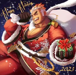 Rule 34 | 1boy, 2023, :d, bandaid, bandaid on cheek, bandaid on face, bara, beard stubble, chest hair, christmas, dark-skinned male, dark skin, facial hair, feet out of frame, from side, gift bag, happy holidays, hat, huge eyebrows, incoming gift, jacket, jinjatea, large pectorals, looking at viewer, male focus, mature male, muscular, muscular male, official alternate costume, open mouth, orange hair, pectoral cleavage, pectorals, reaching, reaching towards viewer, red hat, santa costume, santa hat, scar, scar on face, short hair, smile, snowing, solo, stubble, tokyo houkago summoners, ulaanbaatar (housamo)