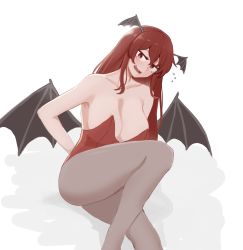 Rule 34 | 1girl, alternate costume, ass, bare shoulders, bat wings, breasts, bright pupils, brown pantyhose, cleavage, collarbone, fangs, feet out of frame, flying sweatdrops, hair between eyes, head wings, highres, koakuma, large breasts, leotard, long hair, looking at viewer, mata (matasoup), open mouth, pantyhose, red eyes, red hair, red leotard, sidelocks, simple background, sitting, solo, strapless, strapless leotard, tearing up, teeth, touhou, white background, white pupils, wings