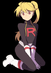 Rule 34 | 1girl, belt, black background, blonde hair, boots, brown eyes, closed mouth, commentary request, creatures (company), full body, game freak, gloves, grey belt, hair between eyes, highres, jacket, long hair, nintendo, pants, pokemon, pokemon adventures, ponytail, simple background, solo, team rocket, team rocket uniform, white footwear, white gloves, yellow (pokemon), yui ko