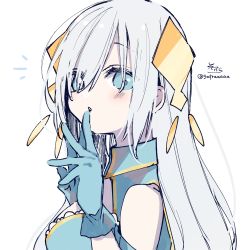 Rule 34 | 1girl, absurdres, ars almal, bare shoulders, blue eyes, blue gloves, blush, commentary request, gloves, grey hair, hair ornament, hair over one eye, hand up, highres, long hair, looking away, looking to the side, nijisanji, notice lines, parted lips, signature, simple background, sofra, solo, twitter username, upper body, virtual youtuber, white background