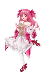 Rule 34 | 10s, 1girl, adapted costume, aged up, alternate hairstyle, bad id, bad pixiv id, bare shoulders, bow, choker, dress, female focus, frills, full body, hair bow, high heels, highres, kaname madoka, long hair, magical girl, mahou shoujo madoka magica, open mouth, pink eyes, pink hair, runamatu, shoes, short twintails, simple background, smile, solo, soul gem, twintails, two side up, white background