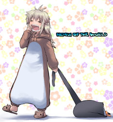 Rule 34 | 1girl, animal, animal slippers, antenna hair, bear slippers, bird, brown footwear, brown hair, commentary request, floral background, hand up, hijikata-san (m.m), hood, hood down, koshirae tsurugi (m.m), long hair, m.m, onesie, open mouth, original, penguin, romaji commentary, romaji text, shadow, slippers, standing, standing on one leg, translation request, wavy mouth, white background, yawning
