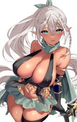 Rule 34 | 1girl, aqua bow, artist name, blue eyes, bow, breasts, cleavage, commentary request, cowboy shot, dark-skinned female, dark elf, dark skin, elf, gold trim, grey skirt, hair between eyes, hair bow, hair ornament, highres, large breasts, looking at viewer, mataro (matarou), microskirt, navel, open mouth, original, pointy ears, ponytail, simple background, skirt, smile, solo, stomach, upper body, white background, white hair