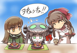 Rule 34 | 10s, 3girls, abyssal ship, anmitsu (dessert), apron, blush, bow, bowl, brown eyes, brown hair, closed eyes, commentary, cup, fangs, flying sweatdrops, food, green eyes, grey hair, hair bow, hair ornament, hairclip, hat, hisahiko, kantai collection, long hair, long sleeves, mamiya (kancolle), multiple girls, neckerchief, ooi (kancolle), open mouth, ponytail, revision, school uniform, serafuku, smile, teacup, translated, tray, wo-class aircraft carrier, yunomi