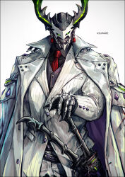 Rule 34 | 1boy, artist name, buttoned cuffs, buttons, coat, fate/grand order, fate (series), formal, green eyes, hattori takeo (fate), horns, k-suwabe, male focus, mask, necktie, red tie, sharp teeth, sheath, solo, suit, sword, teeth, weapon, white coat, white suit