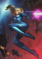 Rule 34 | 1girl, absurdres, artist name, ass, blonde hair, blue bodysuit, blue eyes, bodysuit, breasts, commentary, debris, directed-energy weapon, energy, energy beam, energy gun, energy weapon, english commentary, firing, floating hair, from below, gatery, gun, hair between eyes, handgun, high ponytail, highres, holding, holding gun, holding weapon, impossible bodysuit, impossible clothes, light blush, long hair, looking at viewer, medium breasts, metroid, mole, mole under mouth, nintendo, paralyzer, parted lips, pistol, samus aran, skin tight, smile, solo, stun gun, teeth, weapon, zero suit
