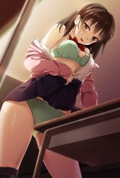 Rule 34 | 1girl, blurry, blush, bow, bowtie, bra, breasts, brown eyes, brown hair, ceiling, classroom, clothed masturbation, clothes lift, collared shirt, crotch rub, depth of field, desk, dutch angle, female masturbation, from below, green bra, green panties, hair ornament, hairclip, half-closed eyes, highres, indoors, legs apart, lifted by self, long hair, looking at viewer, masturbation, medium breasts, off shoulder, open clothes, open mouth, open shirt, original, panties, polka dot, polka dot bra, polka dot panties, red bow, red bowtie, school, school desk, school uniform, self exposure, shirt, skirt, skirt lift, sleeves past wrists, solo, standing, table humping, thighs, underwear, uzuki hiro, white shirt