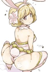 Rule 34 | 10s, 1girl, alternate costume, animal ears, ass, back, blonde hair, blush, boots, breasts, brown eyes, closed mouth, detached collar, djeeta (granblue fantasy), fake animal ears, fake tail, flower, flying sweatdrops, from behind, full body, granblue fantasy, hair flower, hair ornament, hairband, heart, heart-shaped pupils, high heels, lace, leotard, light smile, looking at viewer, looking back, medium breasts, parted bangs, playboy bunny, rabbit, rabbit ears, rabbit tail, raised eyebrows, randou, sage (granblue fantasy), short hair, sideboob, signature, sketch, smile, solo, spoken heart, spread legs, squatting, steam, strapless, strapless leotard, sweat, symbol-shaped pupils, tail, thigh boots, thighhighs, thighs, white footwear, white leotard, white thighhighs