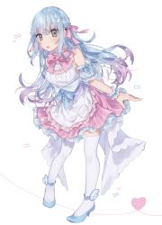 Rule 34 | 1girl, apron, bare shoulders, blue bow, blue footwear, blue hair, blush, bow, closed mouth, detached sleeves, frilled apron, frilled skirt, frills, full body, grey eyes, hair between eyes, hair bow, heart, high heels, highres, leaning forward, long hair, looking at viewer, minamiya mia, original, pink bow, pink skirt, puffy short sleeves, puffy sleeves, shirt, shoes, short sleeves, simple background, skirt, sleeveless, sleeveless shirt, solo, standing, thighhighs, tongue, tongue out, very long hair, waist apron, white apron, white background, white shirt, white sleeves, white thighhighs, wing hair ornament, wrist cuffs