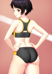 Rule 34 | 1girl, ass, back, bikini, black bikini, black hair, blurry, breasts, contrapposto, cowboy shot, depth of field, from behind, hands on own hips, highres, kuri (kurigohan), looking at viewer, looking back, original, parted lips, purple eyes, running track, short hair, smile, solo, sports bikini, sports bra, standing, swimsuit, track and field