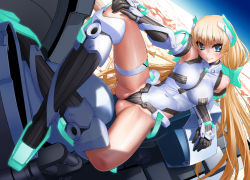 Rule 34 | 1girl, angela balzac, arhan (rakuen tsuihou), arm support, armor, armpits, bare shoulders, black gloves, blonde hair, blue eyes, blush, boots, breasts, cockpit, covered erect nipples, covered navel, crossed legs, crotch, dutch angle, elbow gloves, female focus, full body, gloves, hair ornament, halterneck, hand on own knee, head tilt, headgear, highleg, highleg leotard, knee boots, large breasts, leotard, light smile, long hair, looking at viewer, low twintails, mecha, outstretched arm, planet, rakuen tsuihou, reclining, revision, robot, sasayuki, smile, solo, space, spread legs, taut clothes, thighlet, thong, thong leotard, turtleneck, twintails, very long hair