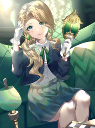 Rule 34 | 1girl, black jacket, blush, brown hair, cassandra vole, character request, chessboard, closed mouth, collared shirt, commentary request, couch, dress shirt, earrings, frilled gloves, frills, gloves, green eyes, green ribbon, green skirt, hand mirror, hands up, harry potter (series), highres, holding, indoors, jacket, jewelry, long hair, long sleeves, looking at viewer, mirror, neck ribbon, on couch, open clothes, open jacket, pleated skirt, rhea (0u0), ribbon, shirt, sitting, skirt, smile, solo, swept bangs, white gloves, white shirt, wizarding world