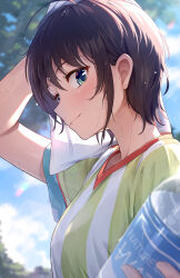 Rule 34 | 1girl, absurdres, blue eyes, bottle, brown hair, highres, hololive, looking at viewer, oozora subaru, shirt, short hair, smile, solo, striped clothes, striped shirt, tokisaka makoto, vertical-striped clothes, vertical-striped shirt, virtual youtuber