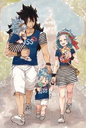 Rule 34 | 2boys, 2girls, black hair, blue hair, blue shirt, blue sky, closed eyes, clothes writing, day, fairy tail, flower, food, gajeel redfox, grin, hair flower, hair ornament, hand on another&#039;s head, headband, holding, holding food, holding hands, holding person, ice cream, levy mcgarden, long hair, miniskirt, multiple boys, multiple girls, nose piercing, open mouth, outdoors, piercing, rusky, shirt, shoes, short sleeves, shorts, skirt, sky, smile, sneakers, striped clothes, striped skirt, tongue, tongue out, tree, white footwear, white shorts, wristband, yellow flower
