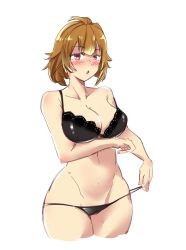 Rule 34 | 1girl, arm under breasts, black bra, blush, bra, breasts, brown hair, chestnut mouth, cleavage, cropped legs, girls&#039; frontline, grizzly mkv (girls&#039; frontline), groin, highres, lace, lace-trimmed bra, lace trim, looking at viewer, medium breasts, medium hair, navel, nym+ (nymplus), panties, panty tug, purple eyes, solo, strap slip, thighs, underwear, underwear only, white background