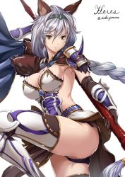 Rule 34 | 10s, 1girl, animal ears, armor, ass, braid, breasts, cat ears, cat girl, erune, female focus, gloves, granblue fantasy, heles, large breasts, leg up, legs, long hair, sakiyamama, shoulder pads, silver hair, solo, thighhighs, thighs, weapon