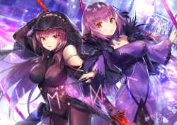 Rule 34 | 2girls, armor, bodysuit, breasts, commentary request, cowboy shot, dress, fate/grand order, fate (series), feather trim, gae bolg (fate), hair between eyes, holding, holding polearm, holding spear, holding wand, holding weapon, jewelry, kagachi saku, large breasts, long hair, long sleeves, looking at viewer, multiple girls, parted lips, pauldrons, pendant, polearm, purple bodysuit, purple dress, purple hair, red eyes, scathach (fate), scathach skadi (fate), shoulder armor, smile, spear, tiara, very long hair, wand, weapon, wide sleeves