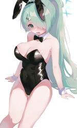 Rule 34 | 1girl, alternate costume, animal ears, aqua eyes, aqua hair, arms at sides, bare shoulders, black leotard, blue archive, blush, breasts, cleavage, detached collar, fake animal ears, hair over one eye, halo, highres, hiyori (blue archive), large breasts, leotard, long hair, looking at viewer, open mouth, playboy bunny, side ponytail, solo, star halo, user dmtr3258