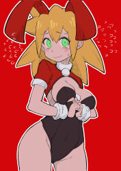 Rule 34 | 1girl, absurdres, animal ears, between breasts, black leotard, blonde hair, blush, breasts, buzzlyears, cowboy shot, cropped jacket, fake animal ears, fake tail, green eyes, highres, jacket, leotard, looking at viewer, medium breasts, mega man (series), mega man legends (series), nervous smile, paid reward available, playboy bunny, rabbit ears, rabbit tail, red background, red jacket, roll caskett (mega man), simple background, smile, solo, star (symbol), tail, tears