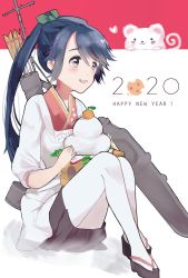 Rule 34 | 1girl, 2020, :d, apron, arrow (projectile), black skirt, blue hair, chinese zodiac, flight deck, geta, green ribbon, grey eyes, hair ribbon, happy new year, highres, houshou (kancolle), japanese clothes, kagami mochi, kantai collection, kappougi, kimono, long hair, looking to the side, mast, mouse (animal), new year, okobo, open mouth, pantyhose, ponytail, qqqmei, quiver, ribbon, sandals, sitting, skirt, smile, solo, white pantyhose, year of the rat
