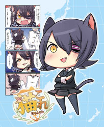 Rule 34 | 10s, 1boy, 1girl, admiral (kancolle), animal ears, ass, ass cutout, bad id, bad pixiv id, blush, butt crack, cat ears, cat tail, chibi, claws, clothing cutout, comic, crossed arms, emphasis lines, eyepatch, fang, gloves, kantai collection, kemonomimi mode, machinicalis, map, necktie, sitting, skirt, sweatdrop, tail, tears, tenryuu (kancolle), translation request, uniform, yellow eyes