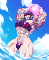 Rule 34 | 1boy, abs, akio yoru, androgynous, arms up, black hair, bulge, choker, cowboy shot, eyeshadow, fangs, gris swimsuit, highres, hoshi (nedoiko), irezumi, looking at viewer, looking down, makeup, meme attire, muscular, navel, open mouth, orange eyes, original, pectorals, puffy chest, see-through, smile, solo, tattoo, teeth, thick thighs, thighs, trap, wet, yellow eyes