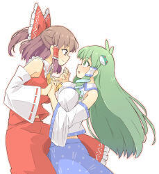 Rule 34 | 2girls, arnest, ascot, bare shoulders, blue skirt, bow, breasts, brown eyes, brown hair, detached sleeves, frilled skirt, frills, frog hair ornament, green eyes, green hair, hair bow, hair ornament, hair tubes, hakurei reimu, highres, japanese clothes, kochiya sanae, large breasts, long hair, medium hair, multiple girls, nontraditional miko, red bow, red skirt, ribbon-trimmed sleeves, ribbon trim, sidelocks, simple background, skirt, snake hair ornament, touhou, white background, white sleeves, wide sleeves, yellow ascot