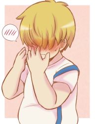 Rule 34 | 1boy, ahoge, blonde hair, blush, border, commentary request, covering face, embarrassed, fat, fubuki1014, hair over eyes, male focus, messy hair, mother (game), mother 2, nintendo, overalls, pink background, porky minch, shirt, short hair, solo, spoken blush, sweat, white border, white shirt