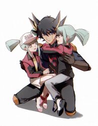 Rule 34 | 1girl, 2boys, age difference, alternate costume, arms around neck, black hair, black pants, blue eyes, blue jacket, brown gloves, collared jacket, commentary, elbow gloves, facial mark, facial tattoo, fudo yusei, gloves, green eyes, green hair, grey pants, hand on another&#039;s back, hand on another&#039;s shoulder, hands on lap, happy, hat, high collar, highres, hug, jacket, knee pads, kneeling, light smile, male focus, multicolored hair, multiple boys, naoki (2rzmcaizerails6), on lap, open clothes, open jacket, open mouth, pants, pink footwear, red headwear, red jacket, shadow, shirt, shoes, short hair, short twintails, shorts, shoulder pads, siblings, simple background, sitting, sitting on lap, sitting on person, smile, spiked hair, streaked hair, tattoo, twins, twintails, white background, white footwear, white shorts, yellow shirt, yu-gi-oh!, yu-gi-oh! 5d&#039;s