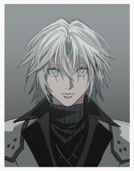 Rule 34 | 1boy, absurdres, aged down, armor, black coat, black sweater, blue eyes, chest strap, coat, commentary, expressionless, final fantasy vii, final fantasy vii ever crisis, gradient background, grey background, grey hair, high collar, highres, looking at viewer, male focus, medium hair, pauldrons, roku (gansuns), sephiroth, shoulder armor, slit pupils, solo, sweater, turtleneck, turtleneck sweater, twitter username, upper body