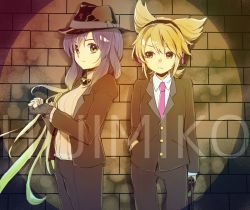Rule 34 | &gt;:(, 2girls, adjusting clothes, adjusting gloves, alternate costume, bead necklace, beads, black gloves, blonde hair, brown eyes, closed mouth, contemporary, cowboy shot, earmuffs, fedora, fingerless gloves, formal, frown, gloves, gradient hair, gun, hand in pocket, handgun, hat, hijiri byakuren, holding, holding gun, holding weapon, jacket, jewelry, light brown hair, long hair, long sleeves, looking at another, looking at viewer, makuwauri, multicolored hair, multiple girls, necklace, open clothes, open jacket, pant suit, pants, pointy hair, prayer beads, purple hair, serious, suit, touhou, toyosatomimi no miko, v-shaped eyebrows, weapon