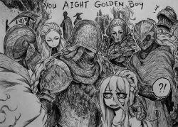 Rule 34 | !, !?, +++, 1other, 2girls, 6+boys, ?, absurdres, arm around shoulder, braid, chronozbergh, commentary, dryleaf dane, elden ring, elden ring: shadow of the erdtree, english commentary, english text, furrowed brow, graphite (medium), greyscale, hair between eyes, hand on another&#039;s head, helmet, high ponytail, highres, hornsent (elden ring), long hair, mask, miquella (elden ring), monochrome, moore (elden ring), multiple boys, multiple girls, needle knight leda, open mouth, redmane freyja, sir ansbach, spoken exclamation mark, spoken question mark, sweat, tarnished (elden ring), thiollier (elden ring), traditional media, white background