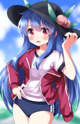 Rule 34 | 1girl, alternate costume, black buruma, black headwear, blue hair, blurry, blurry background, buruma, commentary request, cowboy shot, hand on headwear, highres, hinanawi tenshi, jacket, leaf, long hair, looking at viewer, open clothes, open jacket, open mouth, outdoors, peach hat ornament, red eyes, red jacket, ruu (tksymkw), shirt, short sleeves, solo, touhou, track jacket, white shirt