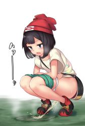Rule 34 | 1girl, bag, beanie, black hair, blue eyes, blunt bangs, blush, breasts, clothes pull, creatures (company), game freak, hat, highres, knees together feet apart, metaring, nintendo, open mouth, panties, panty pull, pee, peeing, pokemon, pokemon sm, red hat, selene (pokemon), shirt, shoes, short hair, shorts, shorts pull, small breasts, sneakers, solo, squatting, t-shirt, underwear, white panties, wide sleeves