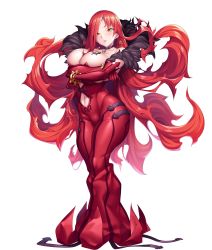 Rule 34 | 1girl, absurdres, astaroth (taimanin asagi), bare shoulders, breast tattoo, breasts, cleavage, clothing cutout, collar, collarbone, commentary request, crossed arms, curvy, dress, earrings, elbow gloves, full body, gloves, highres, huge breasts, jewelry, lilith-soft, long dress, long hair, looking at viewer, navel, navel cutout, official art, parted lips, potion (moudamepo), red dress, red hair, shiny skin, simple background, solo, standing, taimanin (series), taimanin rpgx, tattoo, white background, yellow eyes