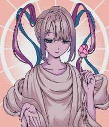 Rule 34 | 1girl, blue eyes, blue hair, chouzetsusaikawa tenshi-chan, dithering, eencya, flower, grey hair, guanyin, half-closed eyes, halo, halo behind head, holding, holding flower, long hair, lotus, multicolored hair, needy girl overdose, official art, outstretched hand, pink hair, pixel art, robe, second-party source, smile, solo, two-tone background, upper body, white robe