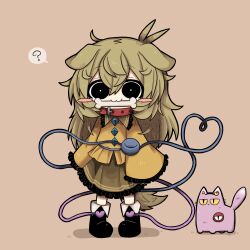 Rule 34 | 1girl, :&lt;, :3, ?, animal collar, animal ears, animalization, black eyes, black footwear, blush stickers, bone, boots, bright pupils, buttons, cat, collar, diamond (shape), diamond button, dog ears, dog girl, dog tail, dress, floppy ears, frilled dress, frilled shirt collar, frilled sleeves, frills, full body, green hair, green skirt, green tail, hair between eyes, hair ornament, heart, heart hair ornament, heart of string, highres, jitome, kemonomimi mode, komeiji koishi, komeiji satori, komeiji satori (cat), long hair, long sleeves, looking at viewer, mouth hold, no headwear, ornament, pigeon-toed, pink cat, pink hair, red collar, shirt, short eyebrows, siblings, simple background, sisters, skirt, sleeves past fingers, sleeves past wrists, slit pupils, smile, speech bubble, spoken question mark, standing, tail, touhou, white cat, white pupils, wide sleeves, yellow shirt, zunusama