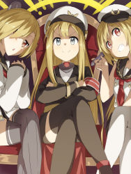 Rule 34 | &gt;:), 3girls, admiral scheer (warship girls r), arm up, armband, black jacket, black legwear, blonde hair, blue eyes, breasts, buttons, cape, chair, closed mouth, crossed arms, crossed legs, deutschland (warship girls r), double-breasted, dress, flat chest, graf spee (warship girls r), grin, hair ornament, hair over one eye, hairclip, hat, headgear, highres, holding, insignia, jacket, long hair, long sleeves, looking at viewer, military, military hat, military uniform, multiple girls, own hands clasped, own hands together, peaked cap, red cape, red eyes, sailor, sailor dress, shirt, short hair, sitting, sleeveless, small breasts, smile, smug, swept bangs, teeth, thighhighs, tomato (lsj44867), torpedo, uniform, v-shaped eyebrows, warship girls r, white hat, white legwear, white shirt, zettai ryouiki