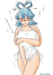 Rule 34 | 1girl, apron, blue hair, blush, breasts, bursting breasts, collarbone, covering privates, covering breasts, covering crotch, embarrassed, grey eyes, hair ornament, hair rings, hair stick, huge breasts, kaku seiga, legs, looking at viewer, mature female, nakatsu kuniaki, naked apron, nose blush, short hair, sideboob, sketch, solo, text focus, thighs, touhou, translation request