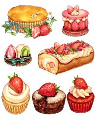 blueberry cake commentary_request cupcake daifuku dessert flower food food_focus food_wrapper fruit ichigo_daifuku icing korean_commentary macaron n_(xs_no) no_humans original powdered_sugar raspberry simple_background strawberry strawberry_slice swiss_roll wagashi white_background white_flower