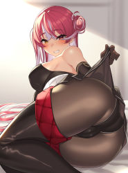 Rule 34 | 1girl, ass, black gloves, black leotard, black skirt, boots, breasts, brown pantyhose, cameltoe, clothes lift, elbow gloves, gloves, hair bun, heterochromia, highres, hololive, houshou marine, houshou marine (marching band), large breasts, leotard, lifting own clothes, long hair, looking at viewer, multicolored hair, official alternate costume, pantyhose, parted lips, red eyes, red hair, skirt, skirt lift, smile, solo, streaked hair, thigh boots, veryhardloco, virtual youtuber, white hair, yellow eyes