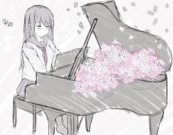Rule 34 | 1girl, 7 calpis 7, blush stickers, closed eyes, closed mouth, commentary request, dated, flower, greyscale, hair between eyes, instrument, long sleeves, monochrome, music, neckerchief, original, pantyhose, petals, piano, piano bench, pink flower, playing instrument, playing piano, pleated skirt, sailor collar, school uniform, serafuku, shirt, skirt, smile, solo, spot color