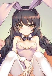Rule 34 | 10s, 1girl, animal ears, black bow, black bowtie, black hair, blush, bow, bowtie, braid, breasts, brown eyes, closed mouth, commentary request, covering privates, detached collar, fake animal ears, girls und panzer, grey background, icomochi, leotard, light frown, long hair, looking at viewer, pink leotard, playboy bunny, rabbit ears, reizei mako, sitting, small breasts, solo, strapless, strapless leotard, thighhighs, twin braids, white thighhighs, wrist cuffs