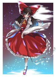 Rule 34 | 1girl, bobby socks, bow, brown hair, detached sleeves, full body, gohei, hair bow, hair tubes, hakurei reimu, highres, holding, large bow, long hair, long sleeves, mary janes, momendoufu, red bow, red eyes, red footwear, red shirt, shirt, shoes, socks, solo, touhou, white socks, wide sleeves, yellow neckwear