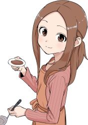 Rule 34 | 1girl, absurdres, apron, brown eyes, brown hair, closed mouth, commentary request, cooking, from side, highres, holding, holding ladle, inaba mifumi, karakai jouzu no (moto) takagi-san, karakai jouzu no takagi-san, ladle, long hair, long sleeves, looking at viewer, orange apron, plate, simple background, smile, solo, split mouth, takagi-san, tasting plate, white background