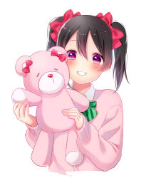 Rule 34 | 1girl, black hair, bow, bowtie, cardigan, commentary request, dated, green bow, green bowtie, grin, hair between eyes, hair bow, heart, highres, holding, holding stuffed toy, looking at viewer, love live!, love live! school idol project, nico day, otonokizaka school uniform, pink cardigan, red bow, red eyes, school uniform, shuga (0329tixi), smile, striped bow, striped bowtie, striped clothes, stuffed animal, stuffed toy, summer uniform, teddy bear, twintails, upper body, waving, yazawa nico