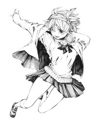 Rule 34 | 1girl, absurdres, arms up, black bow, black bowtie, black footwear, black skirt, bow, bowtie, gagaimo, greyscale, highres, jacket, long sleeves, looking at viewer, monochrome, open mouth, original, pleated skirt, shirt, shoes, simple background, skirt, smile, socks, solo, sweater, traditional media, white background