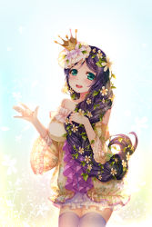 Rule 34 | 10s, 1girl, aqua eyes, blush, braid, crossover, crown, detached sleeves, dress, fairy tales, flower, frills, grandia bing, green eyes, hair over shoulder, happy, long hair, looking at viewer, love live!, love live! school idol festival, love live! school idol project, mini crown, open mouth, purple hair, shorts, single braid, solo, strapless, strapless dress, thighhighs, third-party source, tojo nozomi, white thighhighs