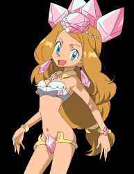 Rule 34 | 1girl, absurdres, alternate color, artist request, black background, blue eyes, bra, bracelet, breasts, cleavage, cosplay, creatures (company), crotch rub, diamond (gemstone), diamond panties, diancie, diancie (cosplay), game freak, gen 6 pokemon, groin, hidden vibrator, highres, jewelry, legendary pokemon, long hair, looking at viewer, low-tied long hair, midriff, mythical pokemon, navel, nintendo, open mouth, pokemon, pokemon xy, revision, serena (pokemon), sex slave, sex toy, slave, solo, tongue, underwear, vibrator